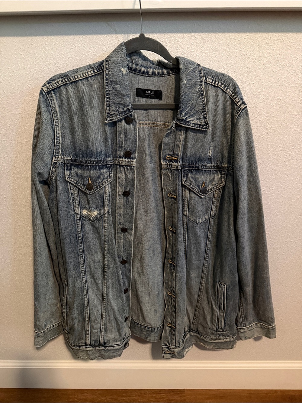 ABLE Merly LONG Light Blue Distressed Denim Jacket
